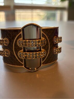 Lia Sophia Gold and Brown Wide Cuff Bracelet with Clear Crystal Accents